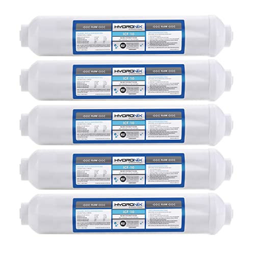 Hydronix 5 Pack ICF-10 Reverse Osmosis Post Polishing, Fridge & Ice Inline Coconut GAC Water Filter, 2000 Gal 1/4" NPT